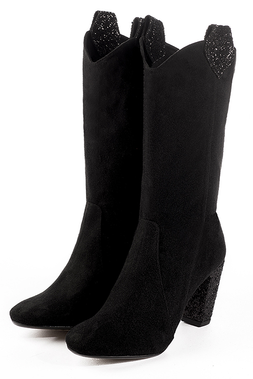 Matt black women's mid-calf boots. Round toe. High block heels. Made to measure. Front view - Florence KOOIJMAN